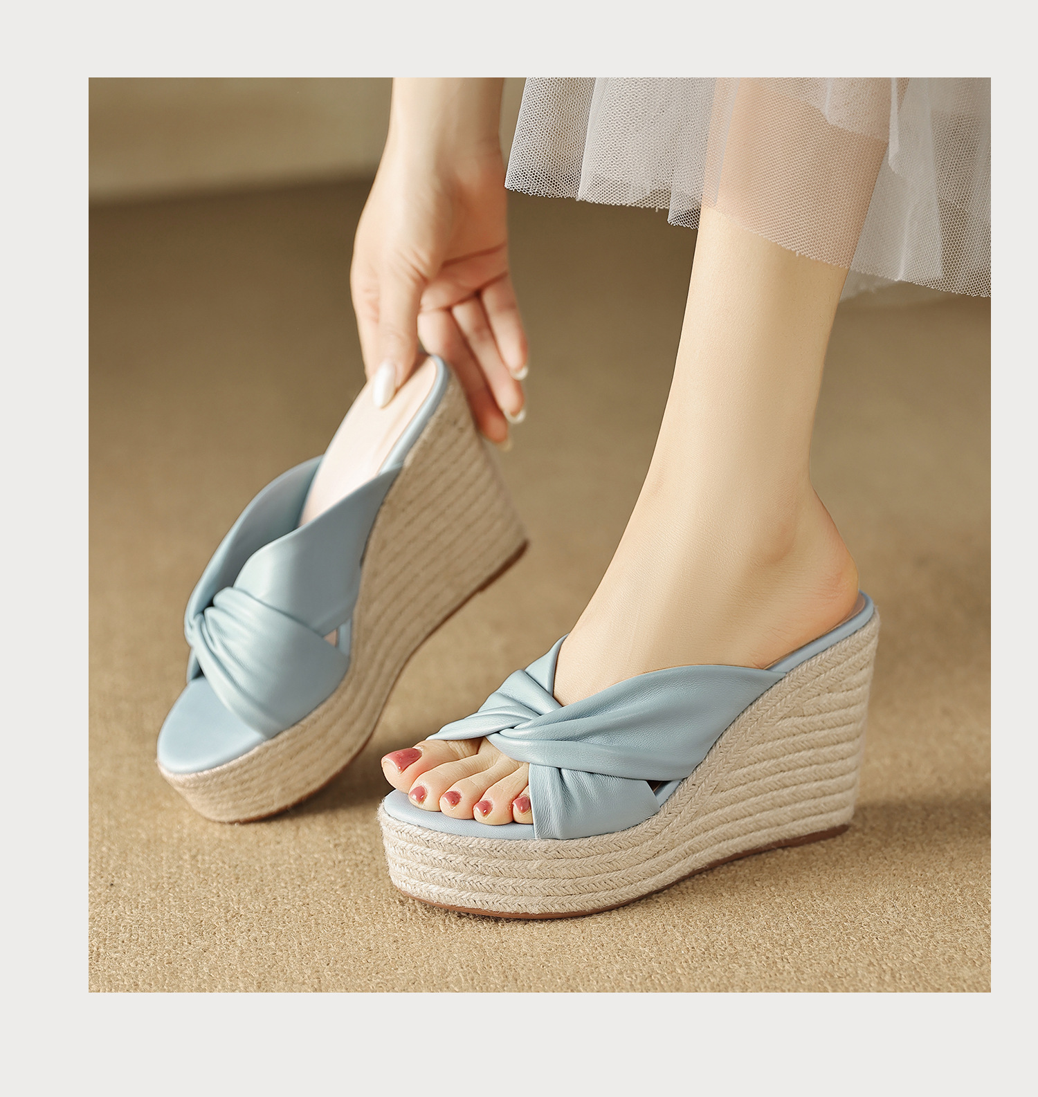 Sandal cao gót nữ quai chéo hở mũi đế xuồng bện cói gót 9 cm — màu thiên thanh, màu hồng chi tiết 13