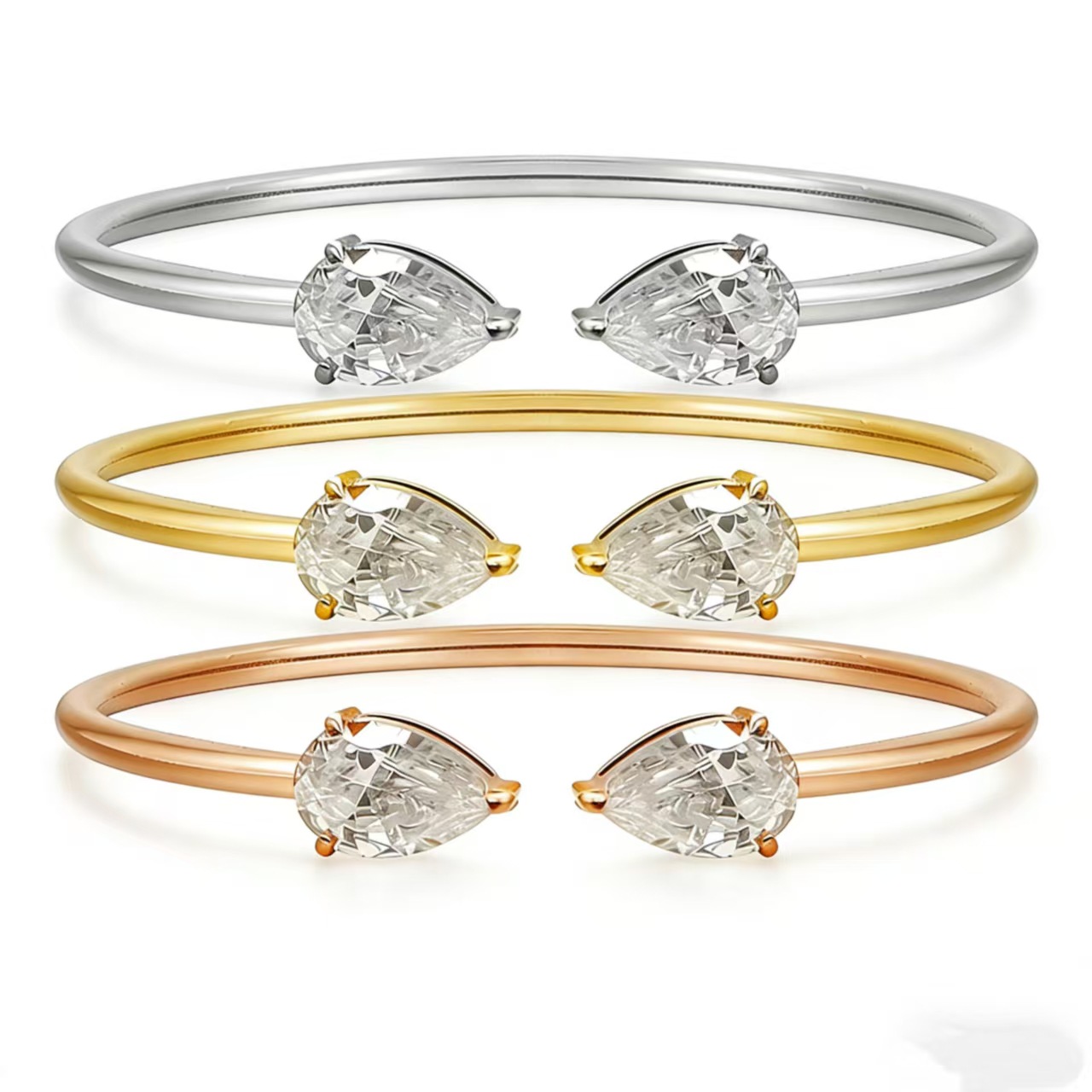 水滴钻翡翠开口手镯女轻奢风三色钛钢不掉色小众设百搭通勤手饰