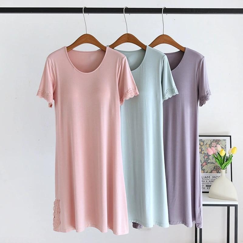 Летняя ночная рубашка из модала с короткими рукавами, женская тонкая дышащая Домашняя одежда с нагрудной подкладкой, кружевное платье средней длины
