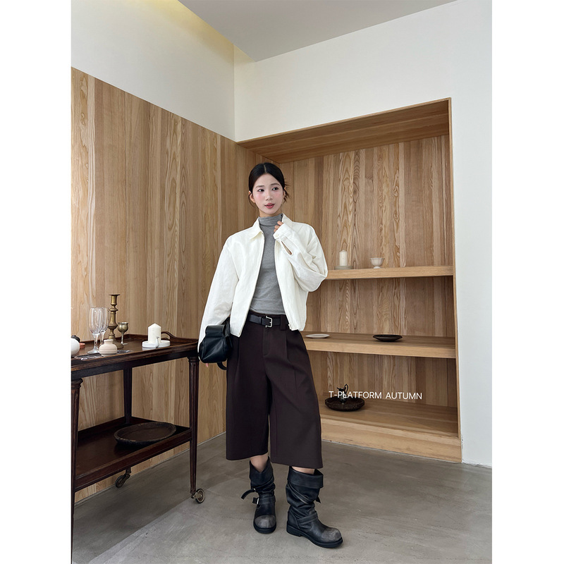 [No returns or exchanges for discounted items] Zhiyueji retro versatile wide-leg cropped pants, autumn pleated high-waisted casual pants 83223