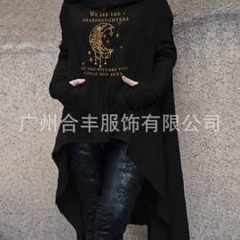 秋冬速卖通新款欧美热销平台纯色长款烫画长袖斗篷连帽OL通勤卫衣