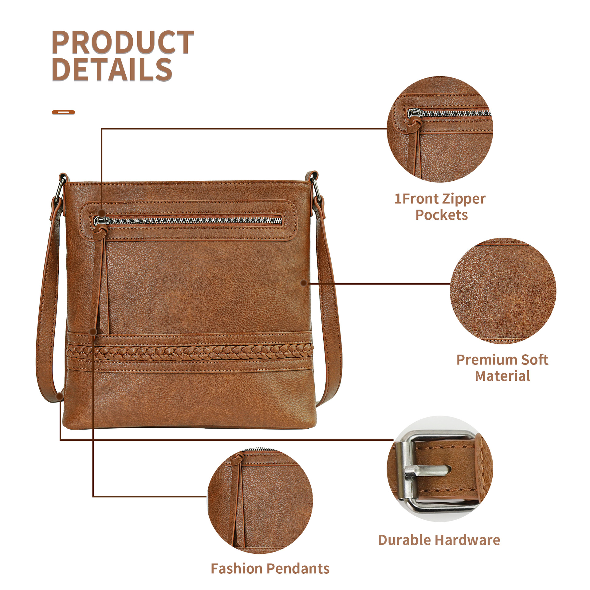Pu Leather Material Solid Color Pattern Women's Pu Leather Solid Color Basic Vintage Style Square Zipper Shoulder Bag