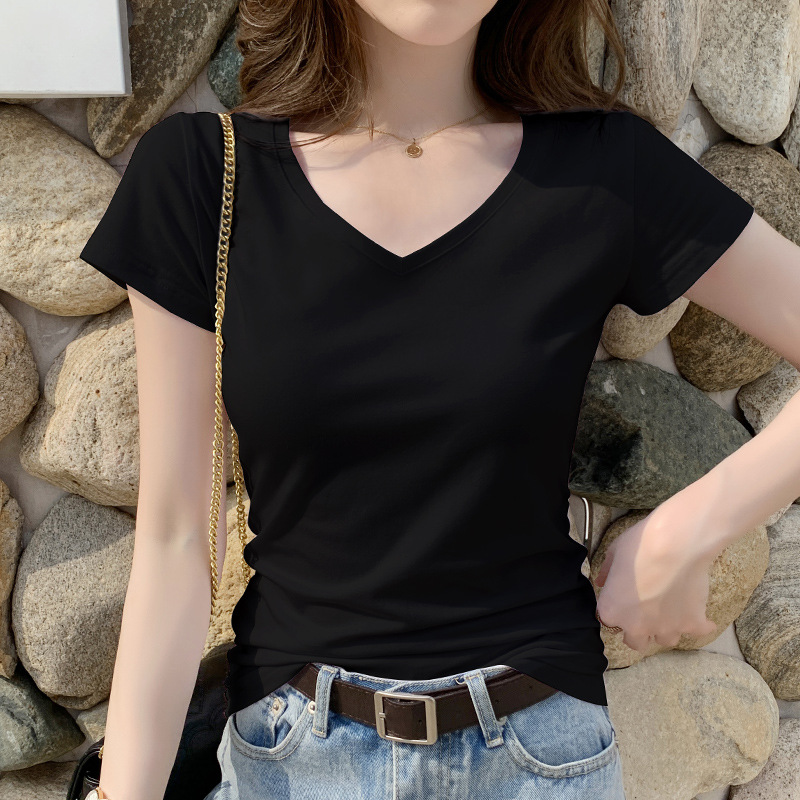 韩国修身短袖t恤女v领黑色上衣女棉鸡心领内搭2021年新款潮夏装