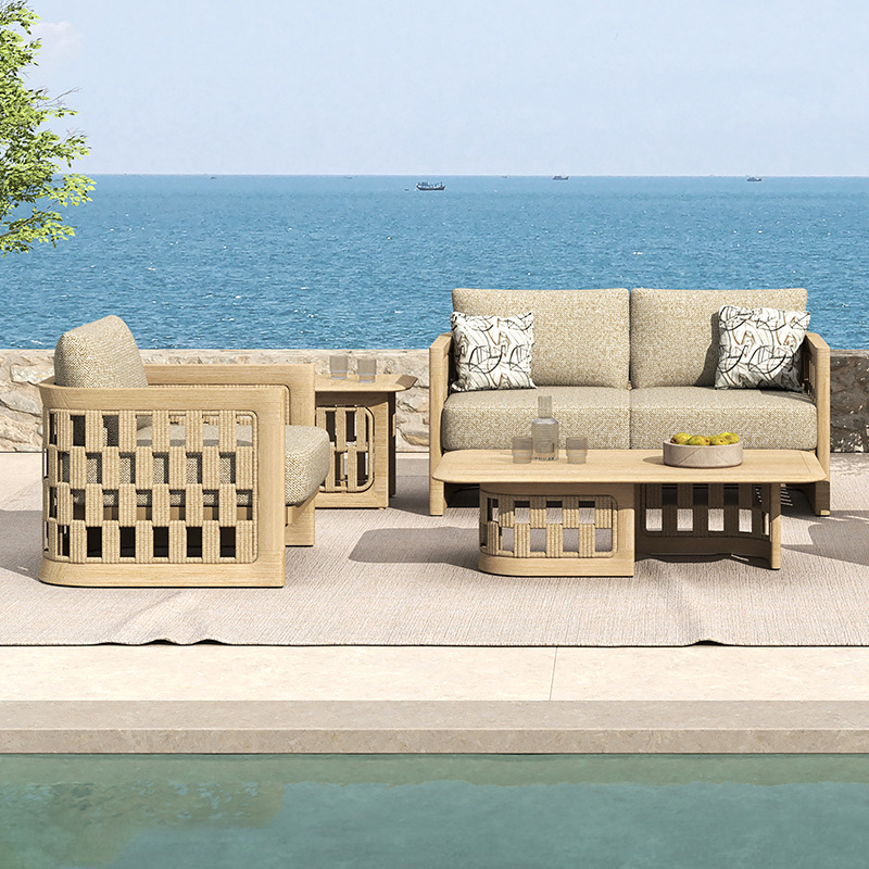 Sofá al aire libre patio villa jardín al aire libre impermeable protección solar combinación de madera maciza balcón simple ocio muebles de caña