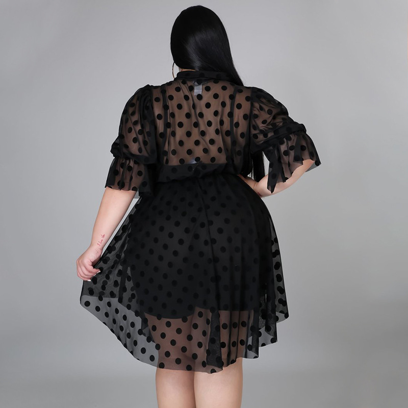 plus size perspective Rounded dots print bow short sleeve dress NSLNW122681