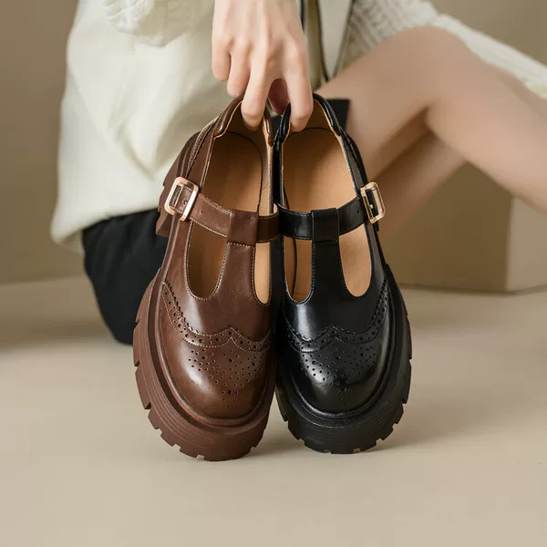 Cross-Border Hot-Selling Fashion Round-Toe Thick-Soled Mary Jane Shoes for Women, Retro Carved T-Strap Chunky Heel Platform Loafers