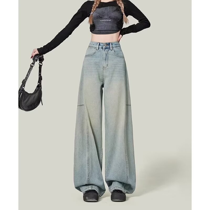 跨境贸易浅蓝色弯刀裤春秋季新款阔腿牛仔裤高腰显瘦遮胯直筒裤