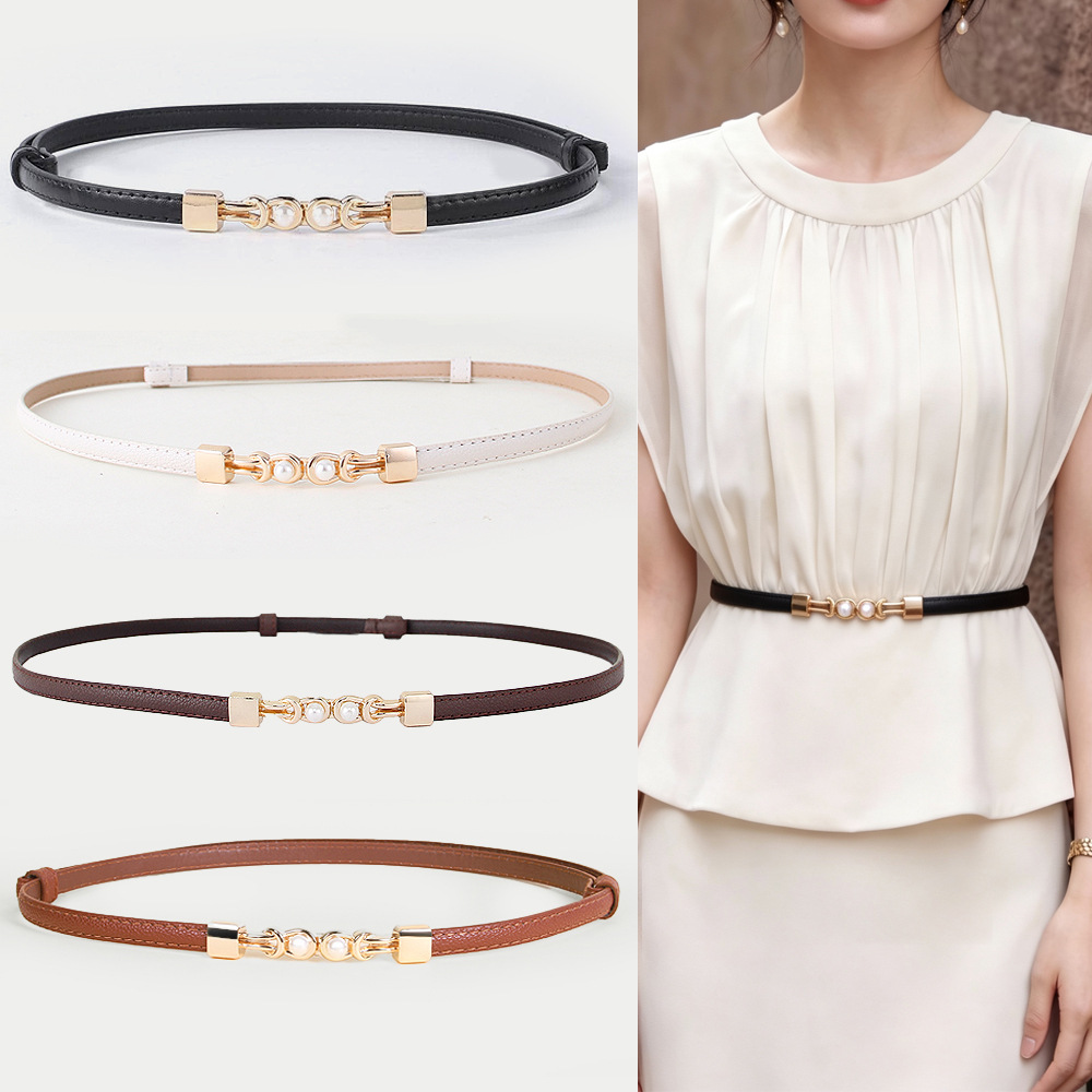 Women's Thin Belt with Pearl Buckle, Versatile and Fashionable, Suitable for Dresses, Shirts, and Suits, Small Leather Belt, Cross-Border Shipping