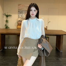 秀熙熙2025秋季白标气质立领花朵雪纺衬衫女长袖上衣女潮89576