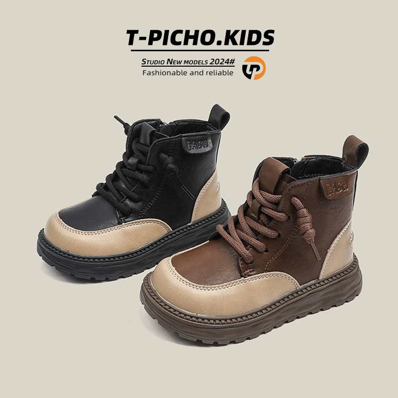 Детские ботинки в британском стиле Martin 2024 осень-зима новый мальчик плюс бархатные хлопковые ботинки для девочек дикие повседневные кожаные ботинки