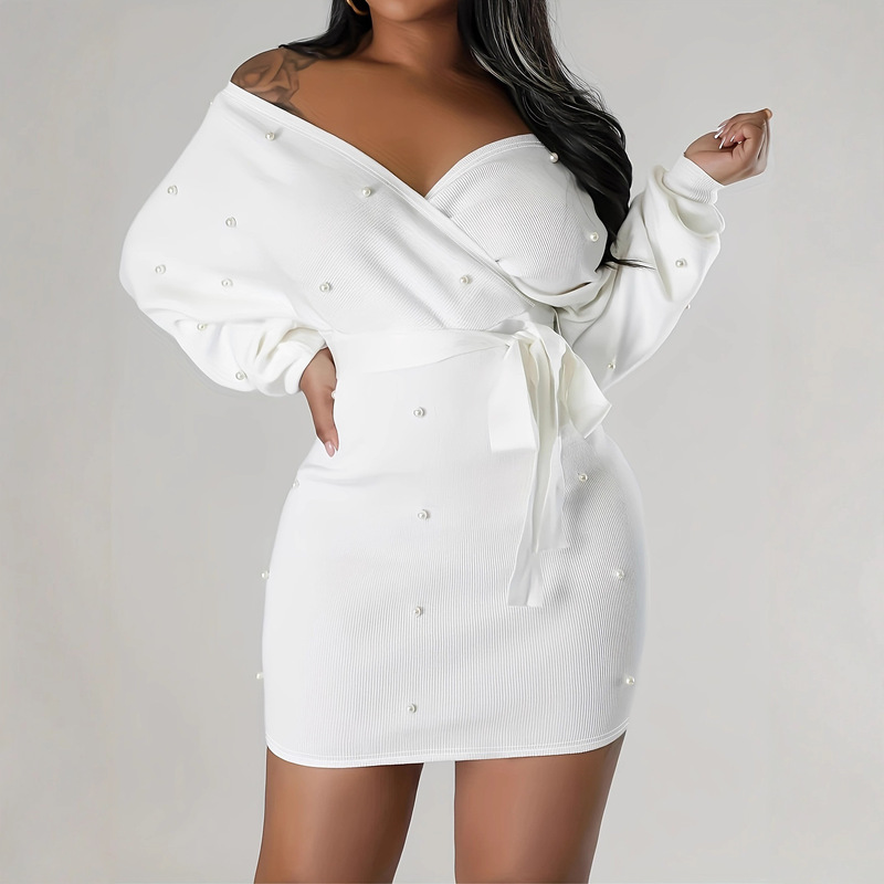 8816 #     Beaded String Tight Dress, Casual Long Sleeve Solid Color Off Shoulder Dress, Women's Clothing