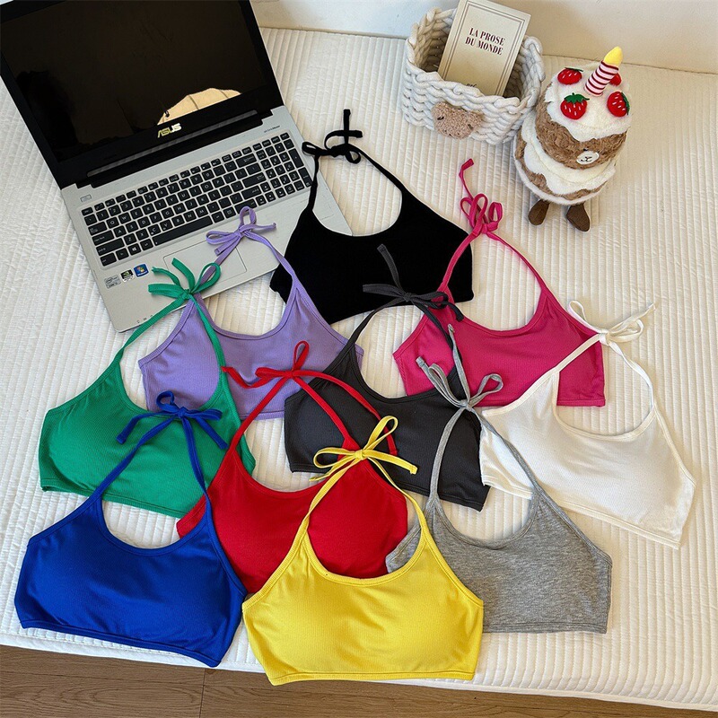 Hanging Neck Strap Short Vest Underwear Women's Hot Girl with Chest Pad Beautiful Back Wrap Chest Sexy Tube Top with Base