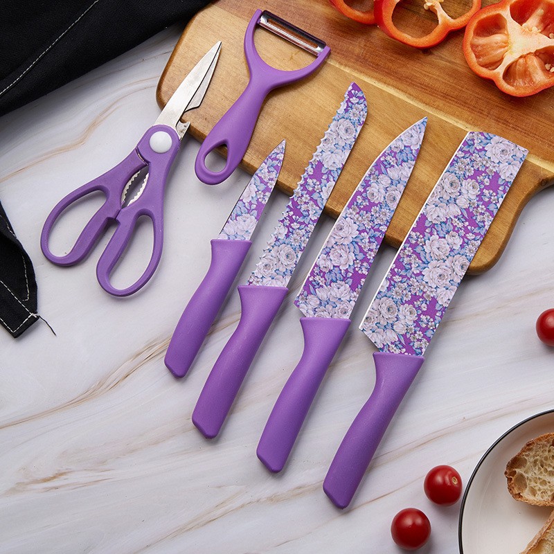 Cuchillos de acero inoxidable spot de venta transfronteriza seis piezas de cuchillos de cocina cuchillo de impresión de jazmín conjunto