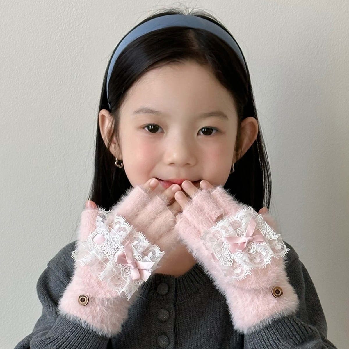 Guantes infantiles para niñas de invierno para estudiantes de primaria escritura para niñas plegable medio dedo guantes móviles peluche 2025 nuevo