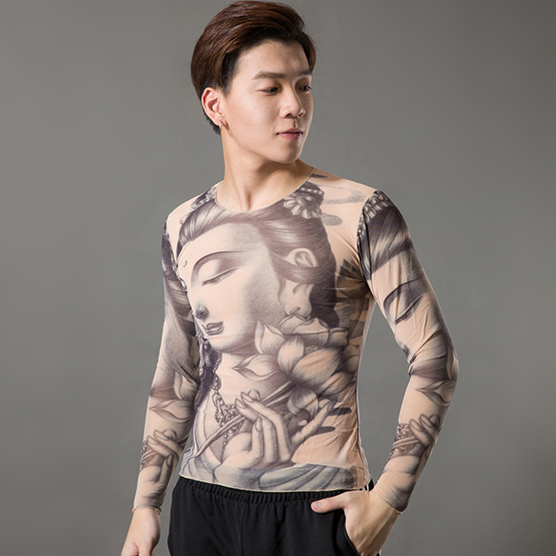 New breathable mesh polyester personalized breathable men's tattoo T-shirt, long-sleeve quick-dry tight-fitting sleeve