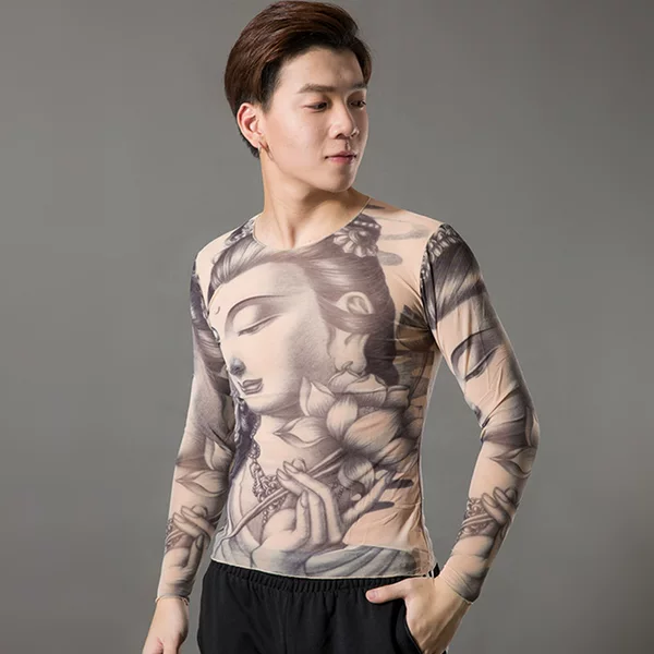 New breathable mesh polyester personalized breathable men's tattoo T-shirt, long-sleeve quick-dry tight-fitting sleeve