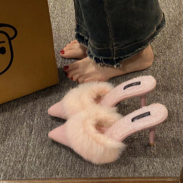 Casual Furry High-Heeled Sandals for Women, Pointed Toe Stiletto Heel Mules, Half-Slippers for Women Casual Furry High-Heeled Sandals for Women, Pointed Toe Stiletto Heel Mules, Half-Slippers for Women