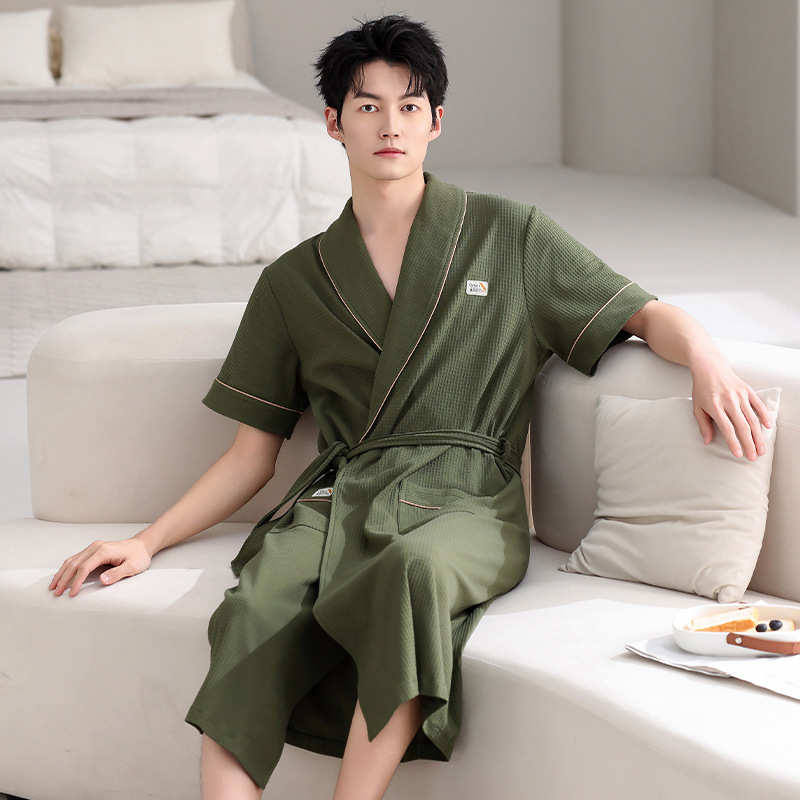 남성 잠옷 여름 순면 얇은 반팔 목욕 가운 여름 플러스 사이즈 홈웨어 모닝 가운 중간 길이 목욕 가운 기모노