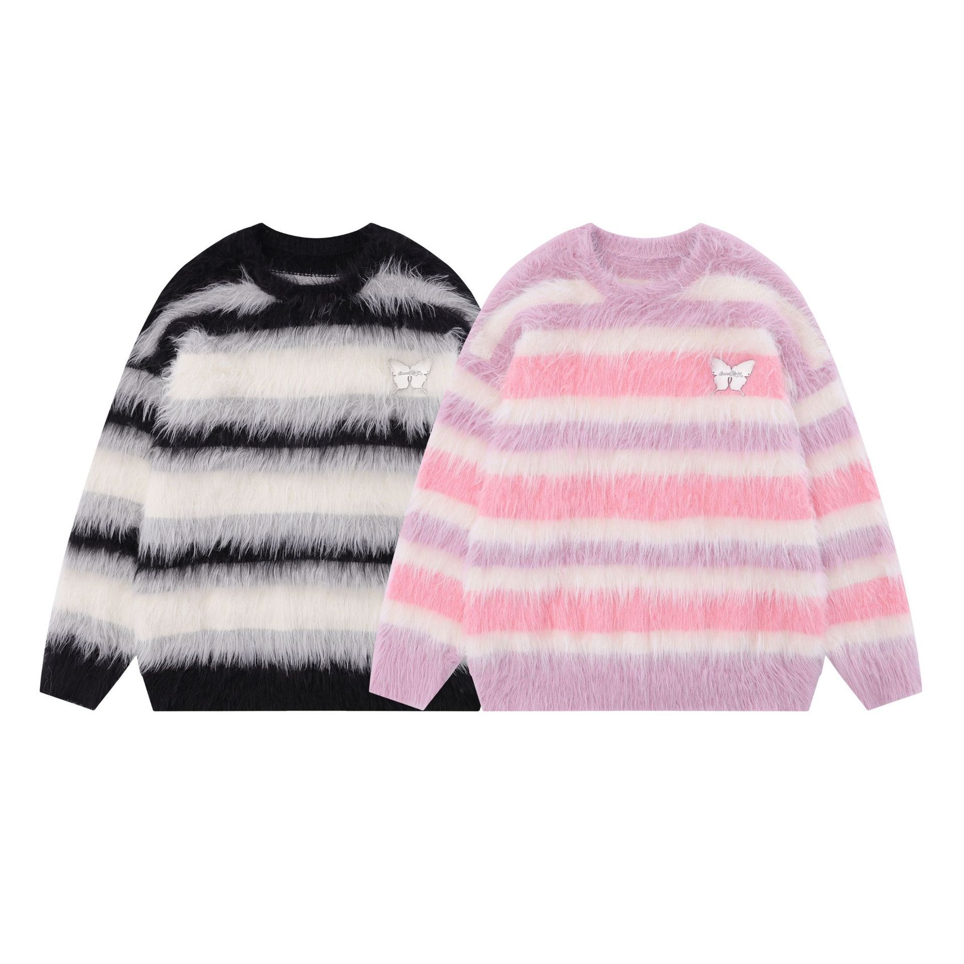 (2개) 2024 가을과 겨울 새로운 느슨한 게으른 스타일 미국 스타일 캐주얼 편안한 줄무늬 모방 밍크 양털 니트 니트 스웨터를 입고