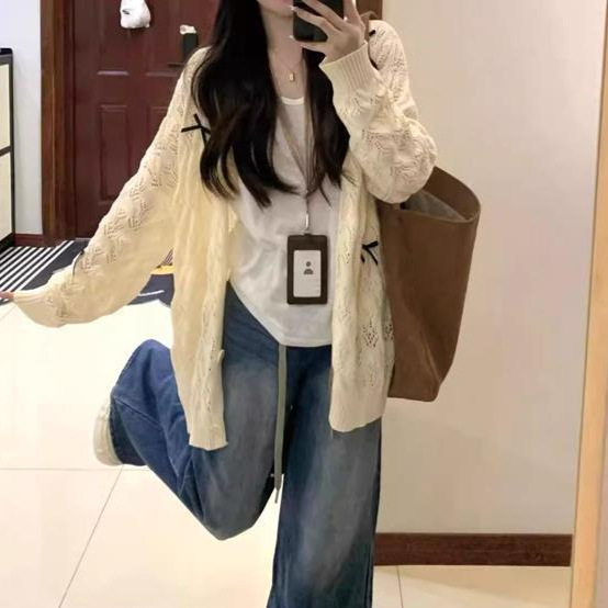 Bowknot Hollow-Out Knit Cardigan for Women, Spring/Summer 2026 Shawl Jacket, Ice Silk