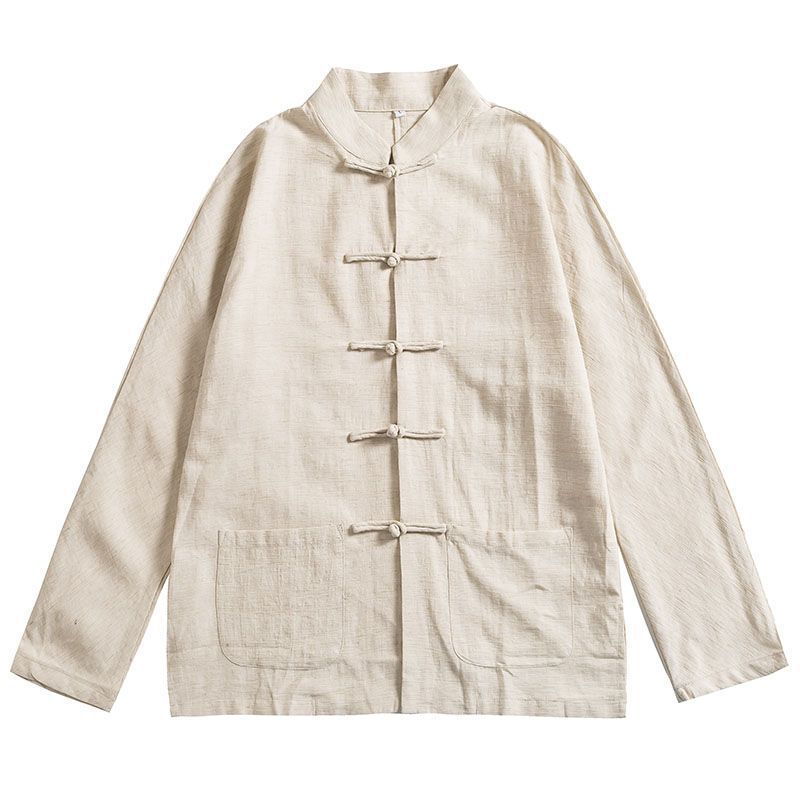 Chinese Style Tang Suit Men's Middle-aged and Elderly Cotton and Linen Buckle Long Sleeve Summer Base Shirt Zen Clothing Chinese Style Retro Linen Hanfu