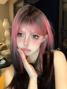 Cross-border wholesale wig women's medium long hair straight hair net red dyeing lolita gradient neat bangs full head cover jk hair cover