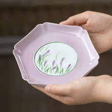 手绘开窗薰衣草陶瓷壶承陶功夫茶具干泡盘中式颜色釉点心盘小壶托