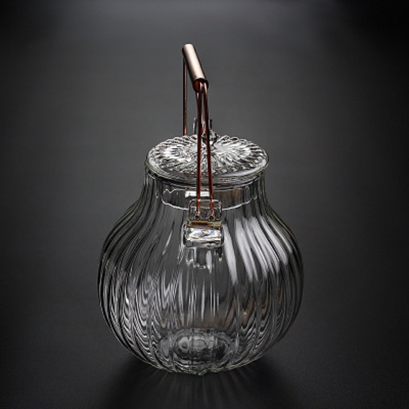 Pétalo de rayas hervidor de agua de estilo japonés cabeza de grúa crisantemo pétalo de vidrio de borosilicato de cobre mango de viga olla flor tetera té