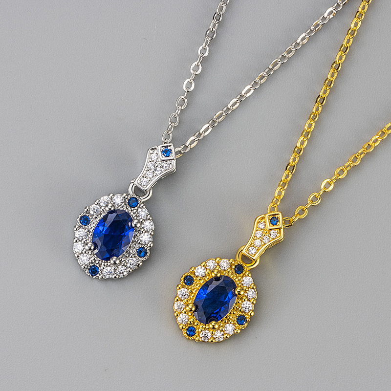 European and American style oval blue zircon necklace elegant fashion luxury women's clavicle chain design exquisite French style