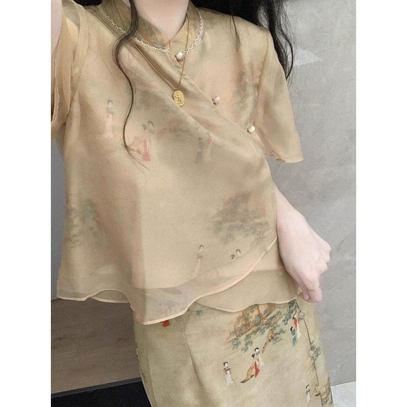 IT2 большой размер женская 2024 летний новый китайский стиль национальный стиль набор женский толстый темперамент сетчатый топ юбка полуплатье два