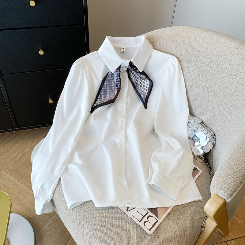 Spring New Style Tie, Stylish Bow Chiffon Shirt, Long-Sleeved Shirt, Women's Professional White Top