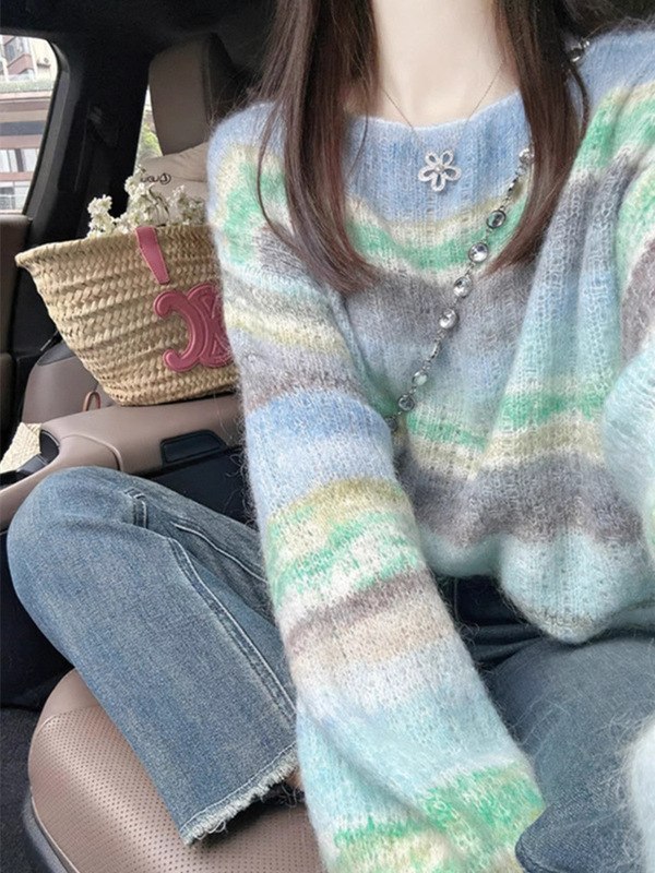 渐变色条纹扎染马海毛毛衣女秋冬新款慵懒风软糯针织衫氛围感上衣|undefined
