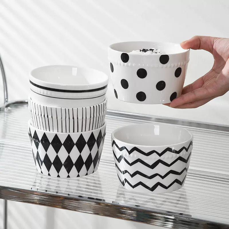 赫本风珠点几何黑白图案餐碗家用米饭碗陶瓷碗筷餐具套装礼盒装