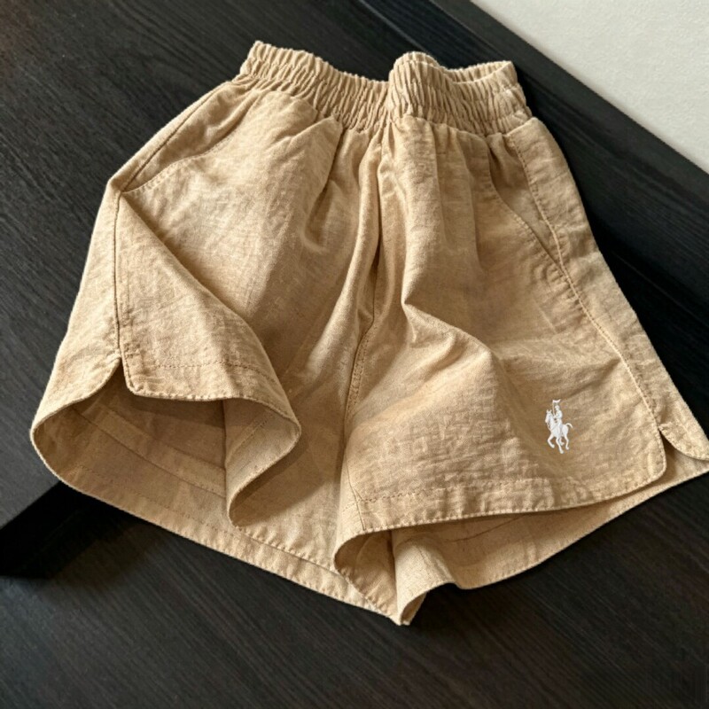 Women's summer khaki cotton-linen shorts with pony embroidery, elastic waist, loose fit, casual, slimming, versatile A-line hot pants Women's summer khaki cotton-linen shorts with pony embroidery, elastic waist, loose fit, casual, slimming, versatile A-line hot pants