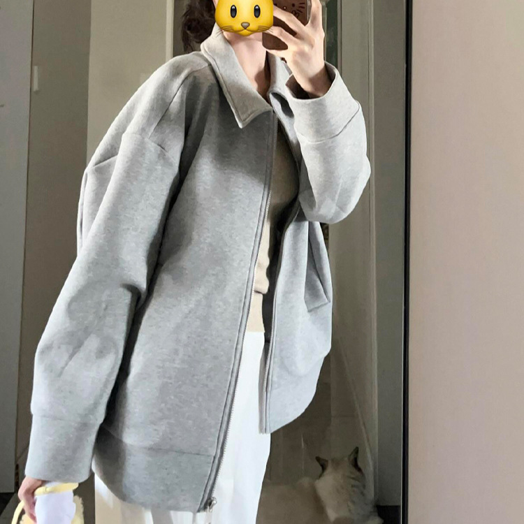 灰色翻领卫衣外套女款春秋季2025新款韩系宽松棒球服独特休闲上衣