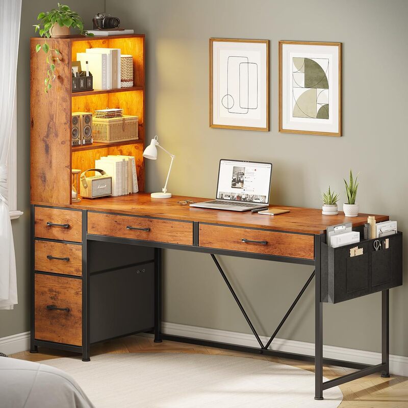 Modern minimalist double-sided computer desk and gaming table with drawers, lights, fabric bag and open storage bookshelf Modern minimalist double-sided computer desk and gaming table with drawers, lights, fabric bag and open storage bookshelf