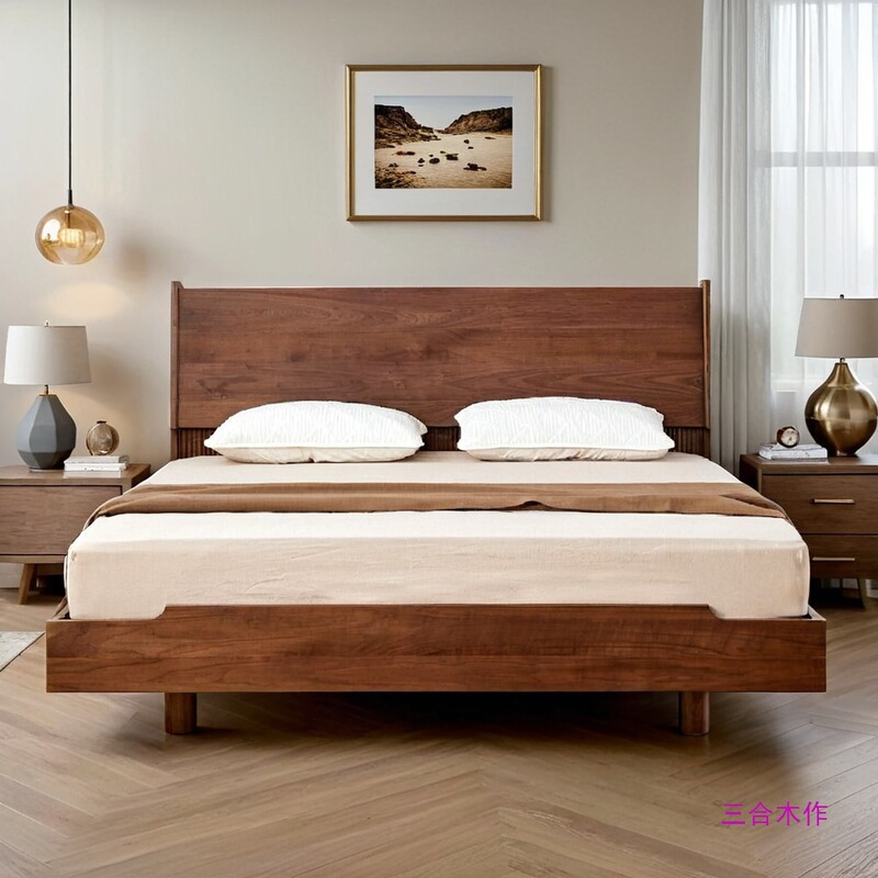 Nordic Black Walnut Solid Wood Bed 1.95m Wedding Bed Modern Simple Double Bed Bedroom Suspended Organ Bed