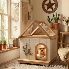 新款木质小型室内宠物狗窝透光采光屋顶手工雕花设计猫狗通用窝