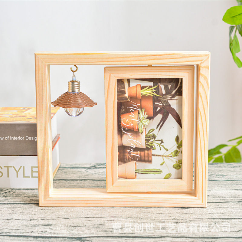 Creative Solid Wood Rotating Photo Frame Ornaments Entrance Living Room Personalized Couple Wooden Double-Sided Rotating Photo Frame Table in Stock