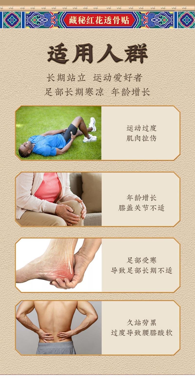 Tibetan Saffron Herbal Plaster Cang Mi Hong Hua Tou Gu Tie External Topical Patch for Neck Shoulder Back Legs and Joints 50g in use