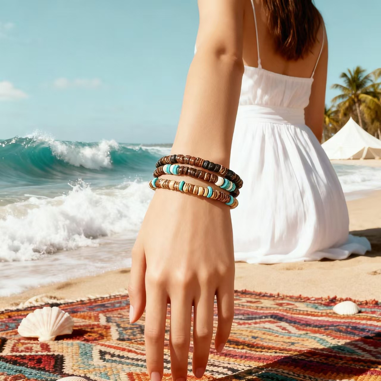 Cross-Border Natural Coconut Shell Turquoise Bracelet Bohemian Versatile High-End Beaded Men's and Women's Hand Jewelry Hip-Hop Niche