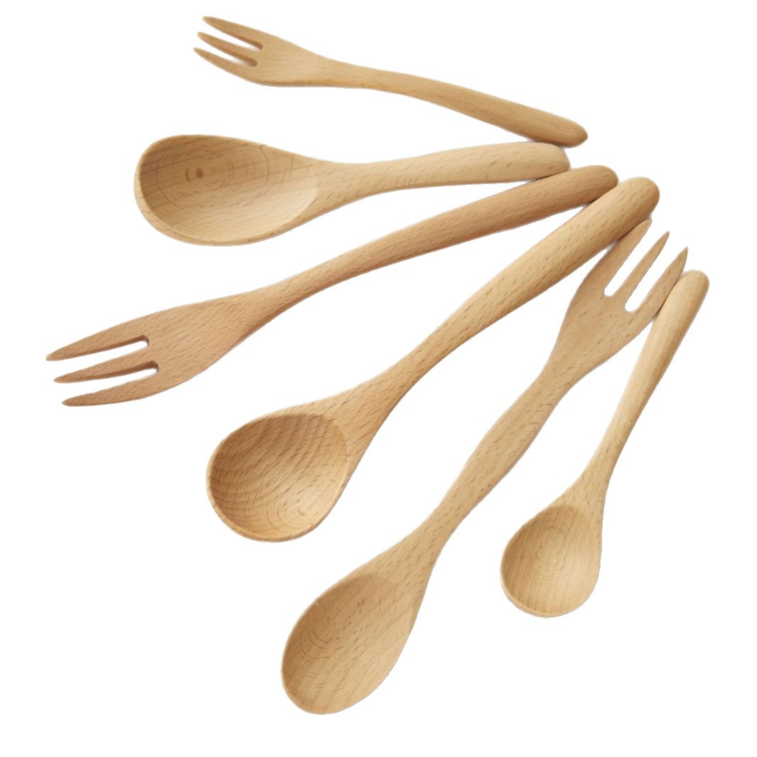 Madera sólida cocina cuchara de hayale tenedor de madera cuchara de doble cabeza tenedor de cocina de café mermelada cuchara de postre LOGO personalizado