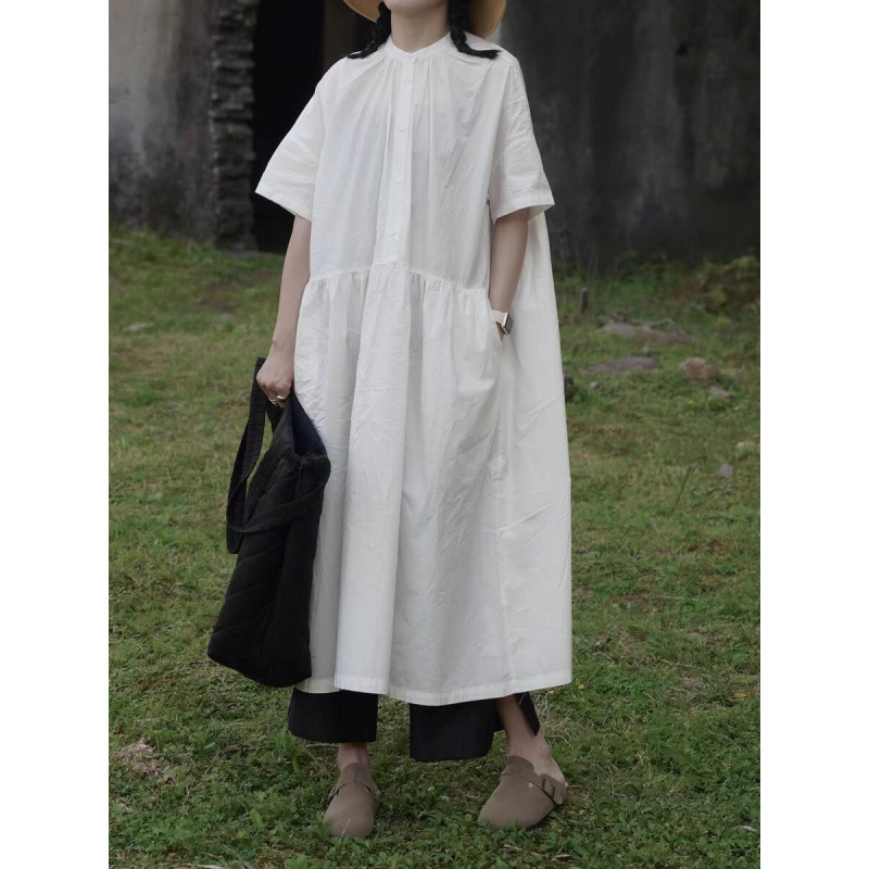 Japanese-Style Short-Sleeve Loose Versatile Long Round-Neck Dress Summer Thin Robe Dress