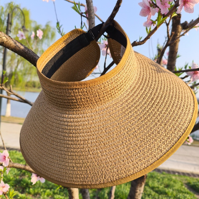Sommerlicher Strohhut mit breiter Krempe für Damen, rollbar, offen, Sonnenschutz, Leinen-Polyester, schlicht, lässig, Outdoor-Hut_voghion.com