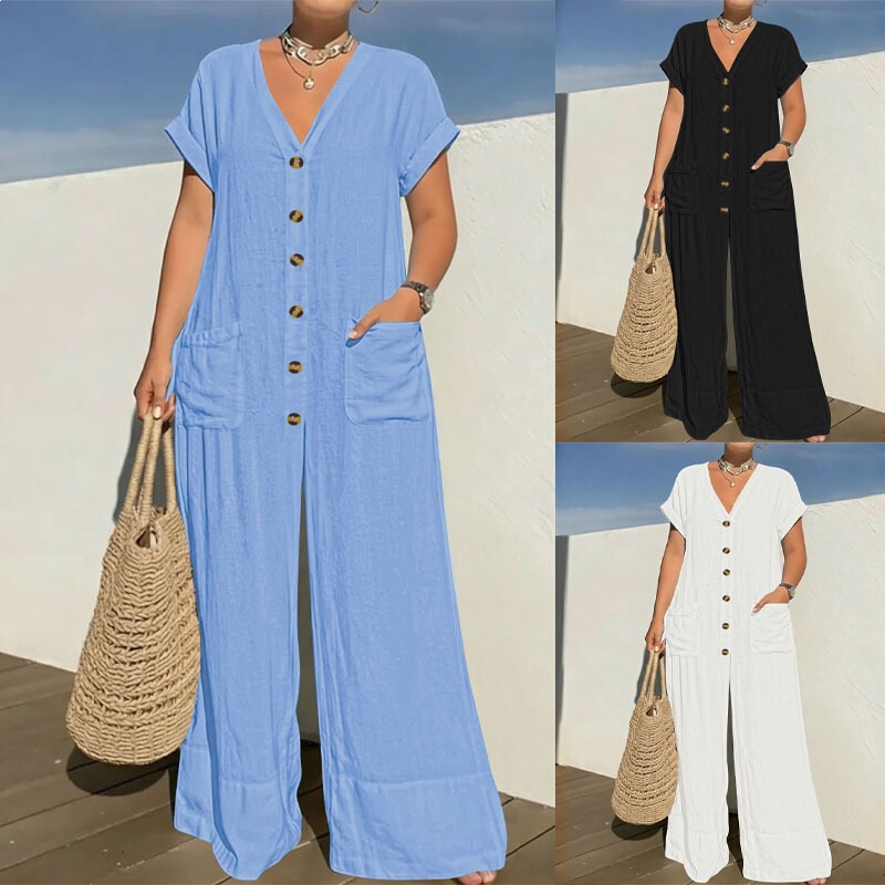 Independent Brand European and American Plus-Size Cross-Border Solid Color Batwing Sleeve Jumpsuit Fashion Casual Style V-Neck Buttoned Jumpsuit for Women