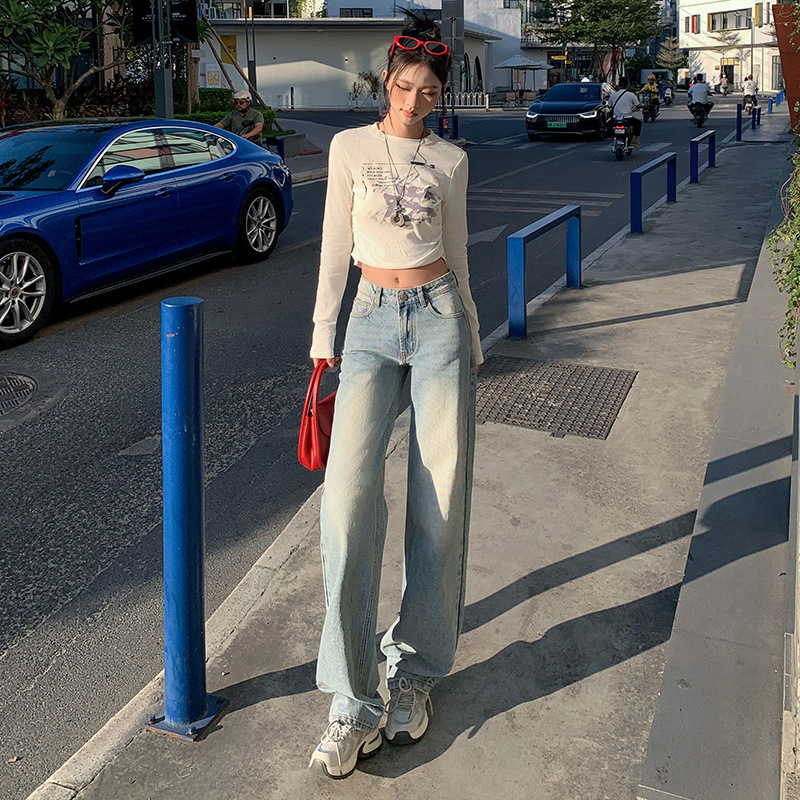 新款美式復古窄版牛仔闊腿褲女春秋低腰寬鬆顯瘦垂感拖地直筒長褲