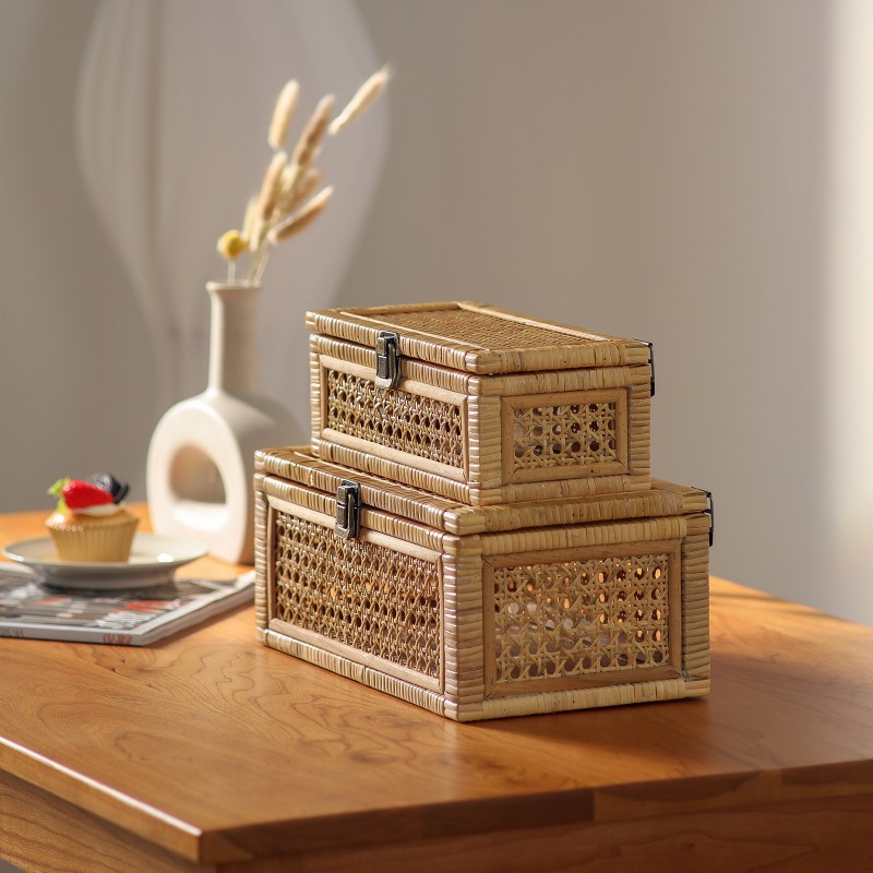 Cesta de almacenamiento de ratán de venta caliente transfronteriza, caja de almacenamiento tejida a mano con tapa, libros de juguete, canasta de almacenamiento de escritorio