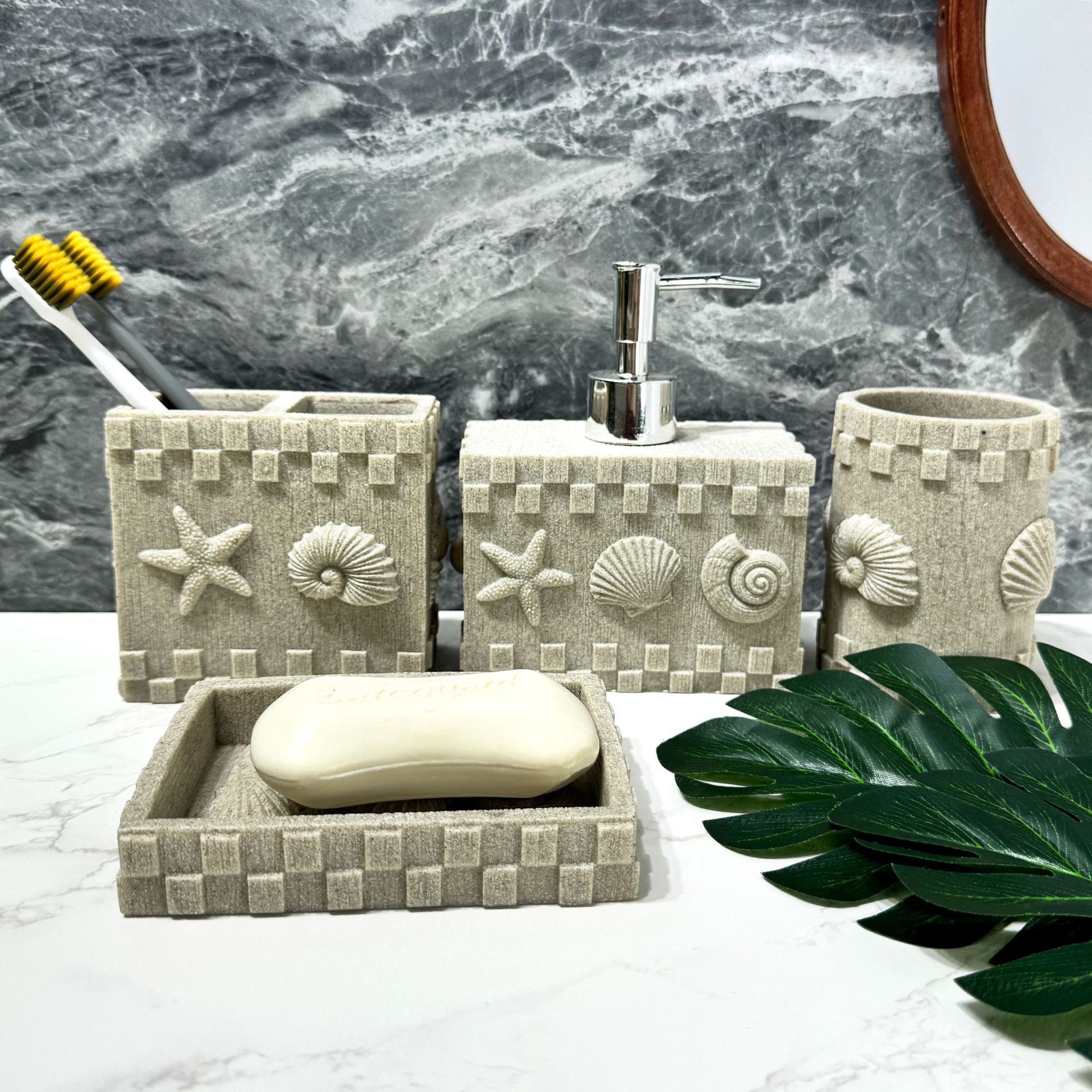 Conchas de piedra arenisca imitación diseño de baño set de baño de resina hotel set de cuatro piezas decoración de baño taza