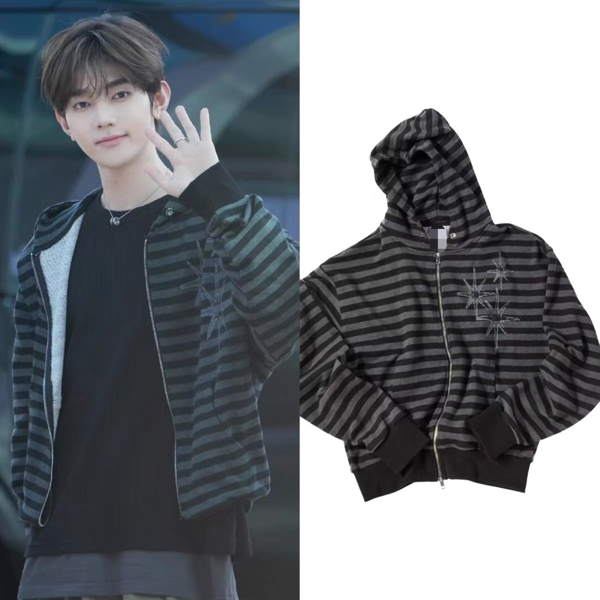 现货章昊Riku同款韩国小众潮牌宽松连帽条纹外套女即墨卫衣厂家