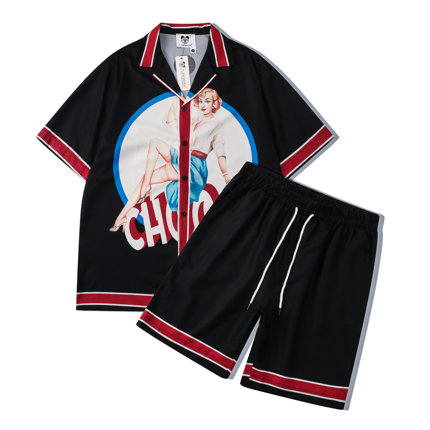 2022 크로스 보더 캐주얼 유럽과 미국 하이 스트리트 플라워 셔츠 세트 야구 셔츠 풀 프린트 셔츠 비치 가디건 반바지 남자